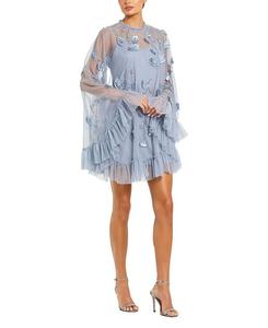 Украшенное платье-трапеция с длинными расклешенными рукавами из сетки Mac Duggal, синий