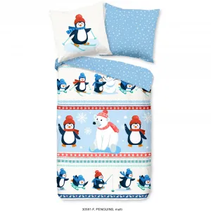 Доброе утро детское постельное белье "Пингвины", бобер, 135х200, теплое, мягкое, двусторонний вид, на молнии, зимнее, детское Good Morning, синий/белый