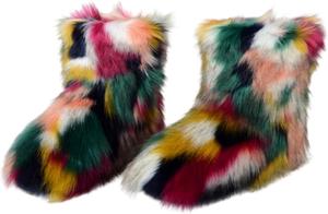 Девочкам искусственный мех, средние по высоте зимние сапоги, теплые, пушистые, меховые ботинки Urmycos, Rosered Green Yellow