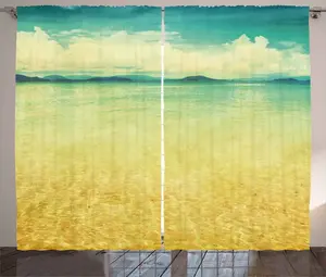 Штора ABAKUHAUS Пляжная рустика, винтажный гранжевый вид на море, присборенная штора из тесьмы для спальни с петлями и крючками, 280 x 245 см, цвет: земляной, желто-бирюзовый Abakuhaus