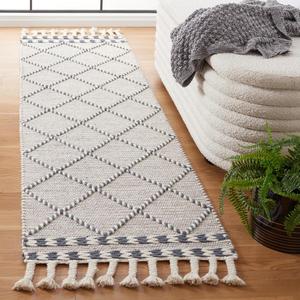Ковер-дорожка SAFAVIEH, 69 x 244 см, Vermont Collection, Ivory & Denim, ручной работы, марокканский стиль бохо с плетеным узором и кистями, шерстяной, идеально подходит для помещений с высокой проходимостью в гостиной, спальне (VRM161G)