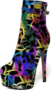 Женские ботильоны WAYDERNS для свиданий с молнией, с круглым носком, модные, лакированные, на платформе, шпилька, высокий каблук 15 см, Colorful Messy Paint