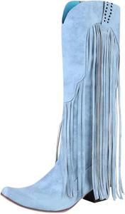 Женские ботинки с кисточками, элегантные ботинки на высоком каблуке до середины голени, зимняя мода, заостренный носок, повседневные однотонные ковбойские ботинки Generic, Light Blue