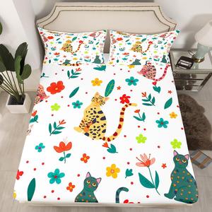Erosebridal Фиттед простыня с цветочным принтом и котиками в стиле кавай, 3D рисунок, для девочек, White Pink Yellow