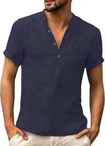 Футболка Henley с карманом, короткий рукав, хлопок-лен Maiyifu-GJ