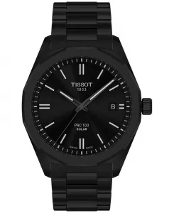 Мужские часы Swiss PRC 100 Solar Quartz на стальном браслете с черным покрытием, 39 мм Tissot