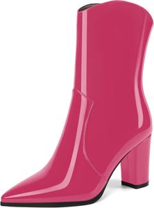 Женские ботильоны MOVINSTEPS в ковбойском стиле с закрытым носком, модные, с боковой молнией, из лакированной кожи, массивный высокий каблук, средняя голень, каблук 3,3 дюйма, Magenta