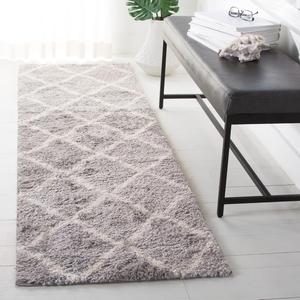 Ковер-дорожка SAFAVIEH, 69 x 214 см, Parma Shag Collection, Grey & Cream, марокканский узор "решетка", без линьки и простой в уходе, идеален для помещений с высокой проходимостью в гостиной, спальне (PMA521G)
