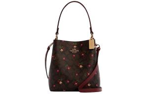 Городская холщовая сумка с кожаной отделкой ведро через плечо кроссбоди маленькая женская коричневая и бордовая COACH