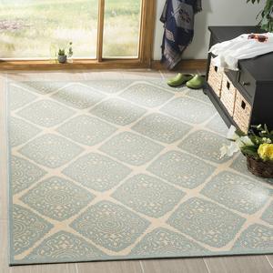 Ковер SAFAVIEH, 201 x 201 см, Linden Collection - квадратный, Cream & Aqua, узор Trellis, без линьки и простой в уходе, для помещений и улицы, моющийся - идеально для патио, заднего двора, прихожей (LND132L)