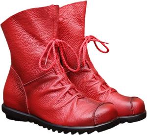 Женские ботинки из натуральной кожи без каблука с боковой молнией, бохо, повседневные мягкие плоские ботильоны, средневековые ботинки, ручная работа Generic, Red - Plush