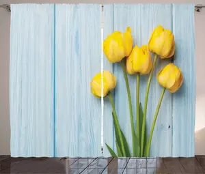 Штора ABAKUHAUS Tulip Rustic, желтые цветы в деревенском стиле, универсальная ленточная штора для гостиной с петлями и крючками, 280 x 245 см, цвет: желто-зеленый, нежно-голубой Abakuhaus