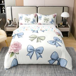Erosebridal Хлопковый комплект постельного белья с радужными бантами и розовым цветочным принтом, Blue Pink
