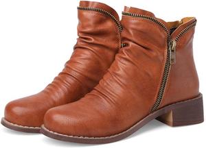 Женские ботильоны Alyaafifa с низким удобным каблуком, закрытый круглый носок, мягкие короткие кожаные зимние повседневные ботинки с молнией, Light Brown