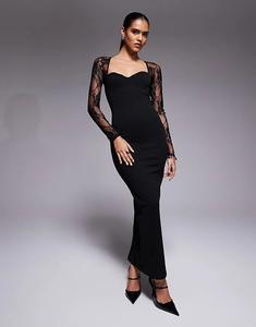Платье миди ASOS DESIGN с вырезами из кружева, длинными рукавами, черное
