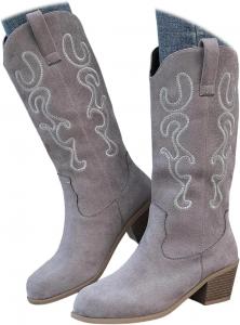 Женские ковбойские сапоги Женские высокие сапоги до колена Заостренный носок и массивный каблук Ковбойская замша с вышивкой Generic, Grey