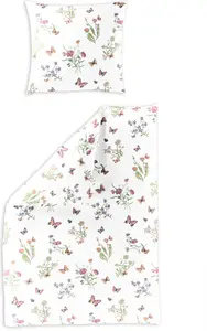 Постельное белье Mako-Satin - Разноцветные цветы, бабочки, белое, 135 x 200 см. Разноцветные цветы и бабочки на белом фоне. Bierbaum