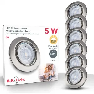 Светодиодный встраиваемый светильник Набор из 6 точечных встроенных светильников, с диммером, регулируемый, светодиодные встроенные споты GU10 6 шт., теплый белый 3000K, 400 лм, 5,5 Вт, пластик, 8,6 x 7 см, никель B.K.Licht, серебристый
