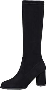 Женские зимние сапоги из искусственной замши с высоким каблуком: до колена и выше, на толстом каблуке, с квадратным носком и боковой молнией Generic, Black