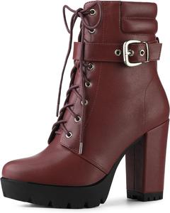 Женские ботильоны Allegra K на платформе с шнуровкой и массивным каблуком, Burgundy