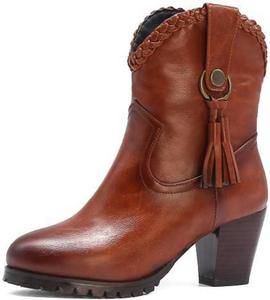 Женские западные ковбойские ботильоны с кисточками, ретро с круглым носком, на высокой массивной подошве, короткие ковбойские ботинки JOEUSTY, Brown