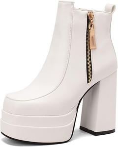 CoceMoce стильные платформенные ботильоны для женщин с массивными высокими каблуками, квадратным носком, на каблуке, с молнией, осенне-зимние туфли-платья для вечеринок, танцев и клуба, White