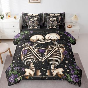 Erosebridal Комплект постельного белья Glitter Skull с романтичным скелетом и экзотичным фиолетовым цветочным принтом, Purple,black