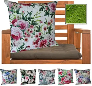 Декоративная подушка для улицы с наполнителем ЭФФЕКТ ЛОТОС с водоотталкивающим эффектом 45x45 см. Декоративная садовая подушка с цветочным рисунком. Тип подушки 675 06. Зеленый. heimtexland