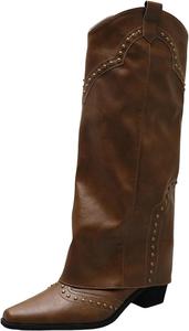 Женские ковбойские сапоги средней длины, сандалии на танкетке, с высоким голенищем, повседневная западная ретро обувь Generic, Khaki