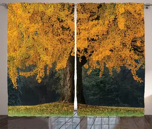 Штора ABAKUHAUS в деревенском стиле с изображением опавших листьев деревьев, осенний сезон, присборенная штора для спальни с петлями и крючками, 280 x 225 см, золотисто-коричневый цвет Abakuhaus
