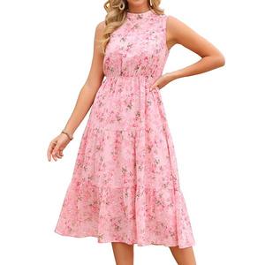 Женское летнее платье floral chiffon sleeveless mock neck tiered midi Inspire Chic, Pink