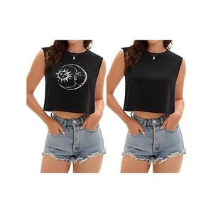 2 упаковки женских кроп-топов casual, свободные майки-борцовки без рукавов, базовые футболки Athlechic, Black Solid Black Moon