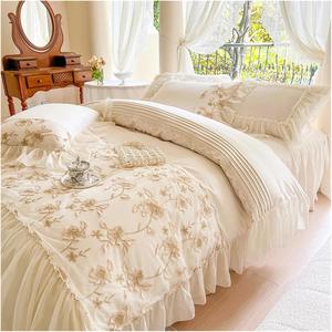 YUSIWOAL Комплект постельного белья с 3D-цветочной вышивкой из египетского хлопка бежевого цвета Beige