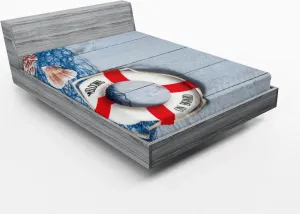 Простыня на резинке ABAKUHAUS Buoy, надпись Добро пожаловать на борт на спасательном круге с рыболовной сетью, деревянный пол лодки, 150 x 190 см, песочно-сине-красный Abakuhaus