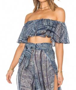 Женский голубой топ Maya с рюшами и открытыми плечами SOAH