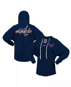 Женская темно-синяя футболка Washington Capitals Jersey Lace-Up с V-образным вырезом и длинным рукавом с капюшоном Fanatics