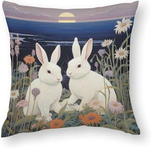 HighonHi Декоративные наволочки из сатина с белыми кроликами на травяной площадке с цветами Pillow-4