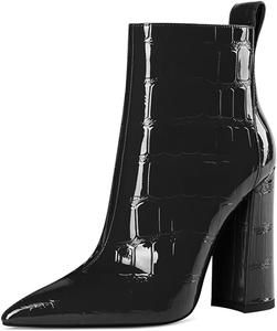 Женские ботильоны XYD на осень и зиму с заостренным носком, толстым высоким каблуком, глянцевыми боковыми молниями, клетчатым принтом, для офиса и повседневной носки, удобные деловые туфли, Black