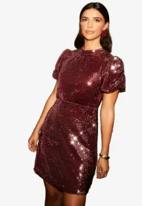 Элегантное платье прямого кроя с высоким воротником, присборенными пышными рукавами и пайетками. Friends Like These, Berry Red