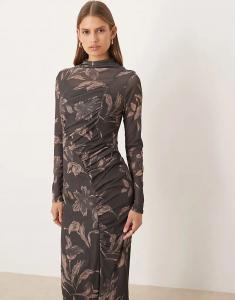 Платье миди ASOS DESIGN с длинными рукавами, драпировкой, сборками спереди и темным принтом