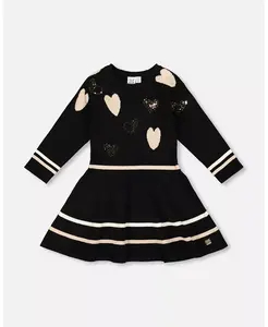 Вязаное платье для девочек, черное, с блестящими сердечками Deux par Deux, черный