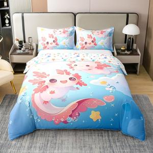 Erosebridal Хлопковый комплект постельного белья с аксолотлем и радужными звездами в морском стиле, Pink & Blue