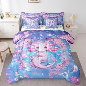 Erosebridal Комплект постельного белья Cartoon Axolotl с японским цветочным принтом и вишневым цветением, включает пододеяльник, простыни и наволочки, Blue,pink