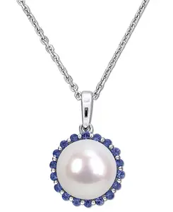 Ожерелье с подвеской 18 дюймов из стерлингового серебра с культивированным пресноводным жемчугом (8 мм) и сапфиром (1/3 карата) Macy'S, blue