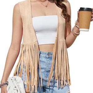 Женский жилет с бахромой 70-х в стиле хиппи из искусственной замши с кисточками Clearflower, Khaki