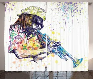 Шторы ABAKUHAUS Jazz Rustic, Entertainment Vivid Art, универсальные ленточные шторы для гостиной с петлями и крючками, 280 x 175 см, цвет: фиолетово-желтый Abakuhaus