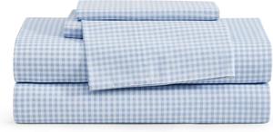 Tommy Hilfiger Gardena Комплект постельного белья, односпальный, хлопковый перкаль, синяя клетка (наволочка + простыня на резинке)