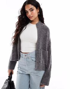 Пушистый кардиган Femme из смеси альпаки на молнии с карманами, серый цвет Selected
