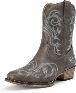 Женские ковбойские сапоги DREAM PAIRS с вышивкой, стежками, короткие ботильоны с квадратным носком и массивным каблуком, модные с молнией, Brown