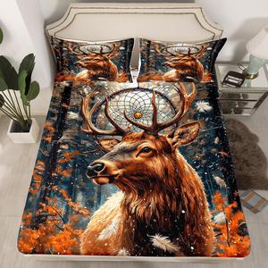 Erosebridal Фиттед простыня Dreamcatcher с оленями, богемный стиль, лесные животные, экзотический декор, Brown Orange Black